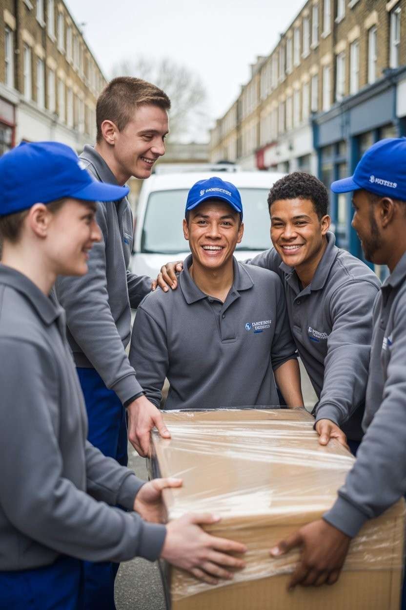 The professional workers carrying storage boxes