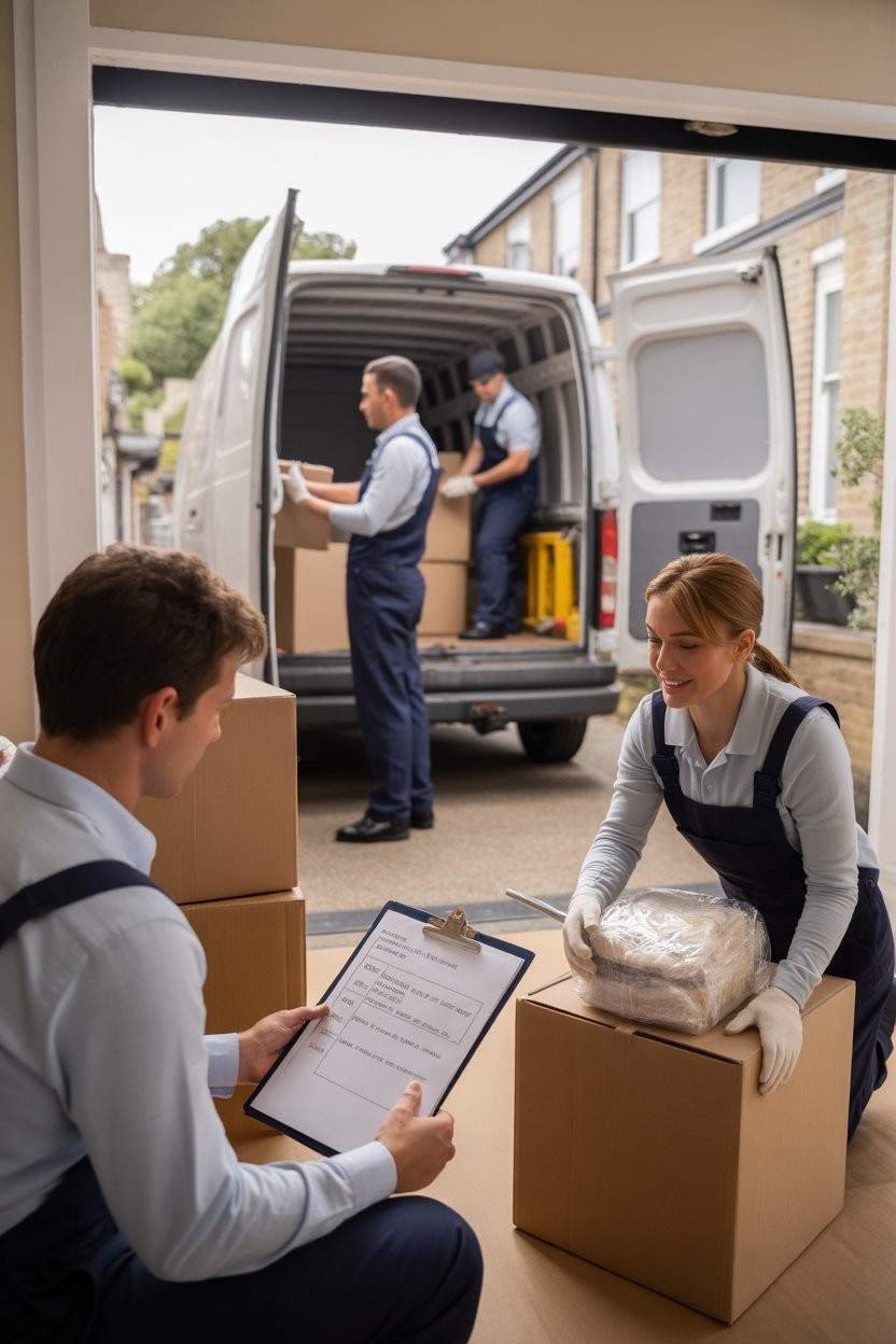 movers handling a stress-free house removal in East London, carefully packing and loading furniture and boxes.