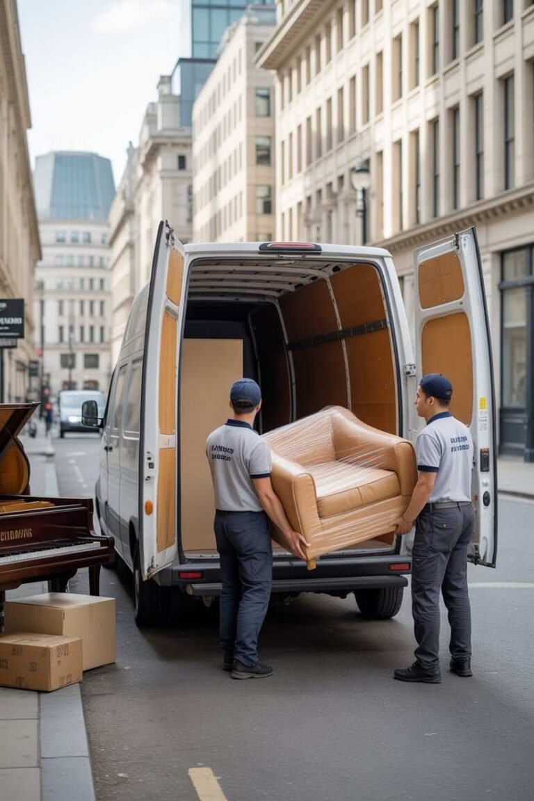 Two professional movers lifting a sofa into a moving van during a house removal service