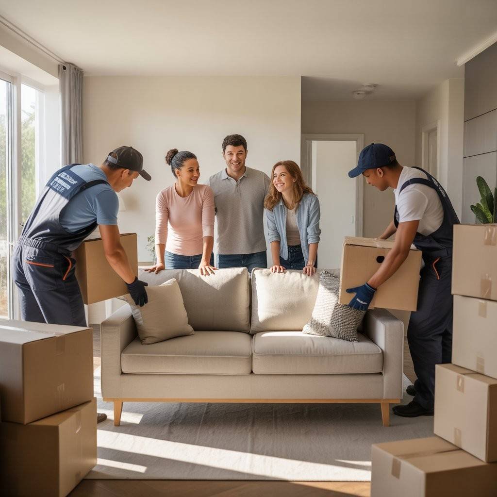 Professional movers carefully unloading furniture and boxes in a bright living room while a happy family watches