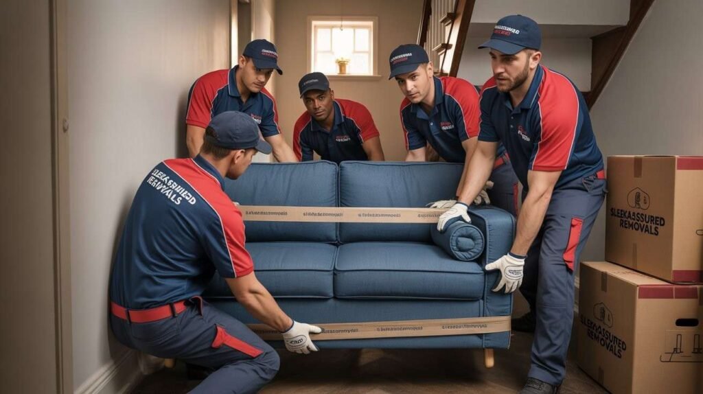 Movers in branded uniform using straps to turn a sofa safely on a narrow London stair landing