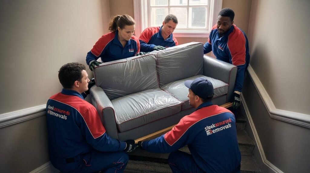 sleekassuredremovals movers carrying a sofa down stairs in a London flat