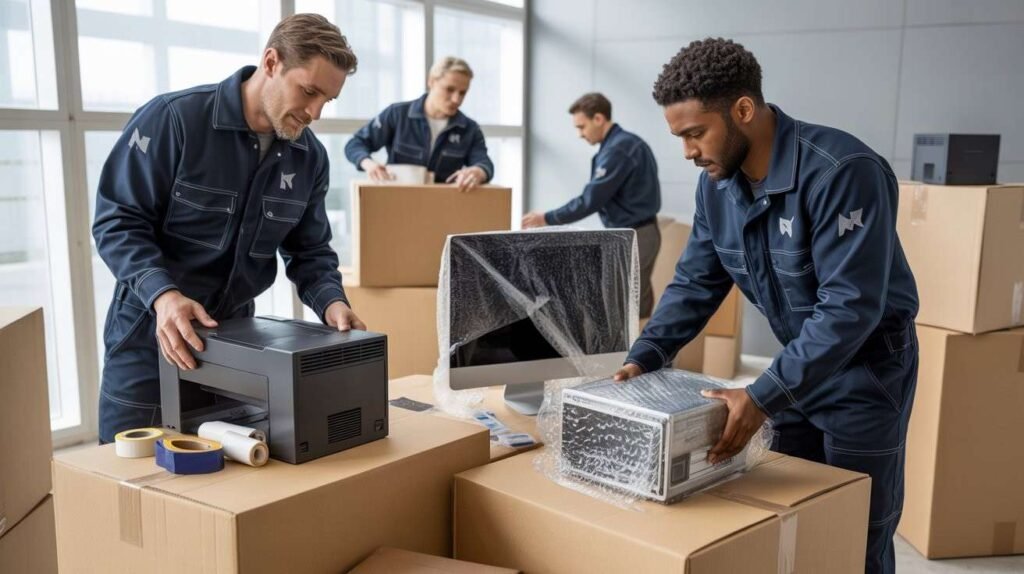 Movers in navy uniform carefully packing fragile office equipment with protective wrapping in a bright office