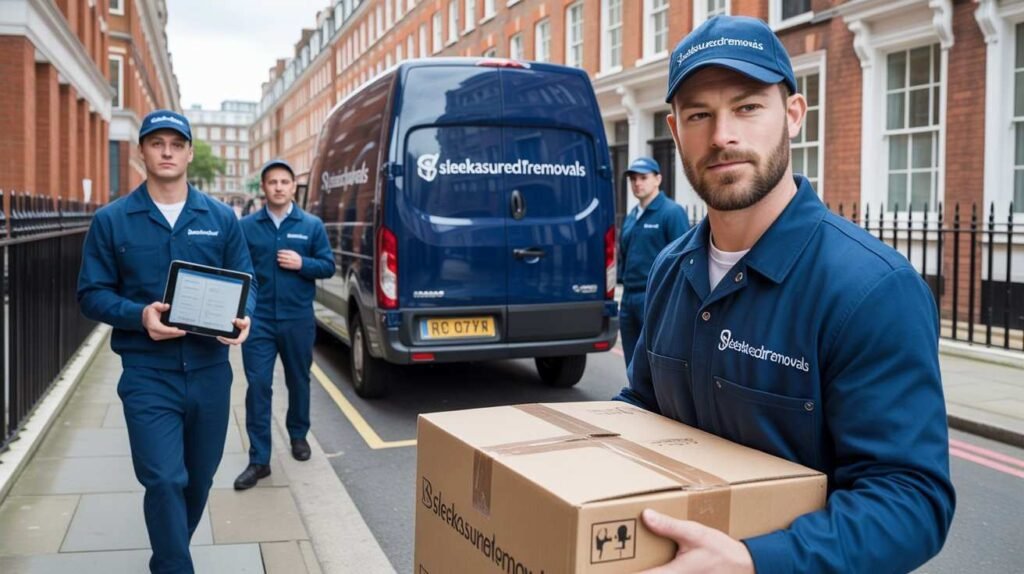 Two sleekassuredremovals movers beside a van in London preparing a same-day collection at a legal loading bay