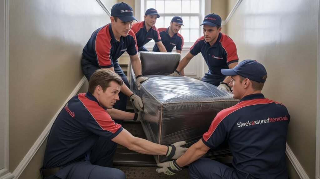 Professional movers carrying a sofa safely through a tight London stairwell using protective