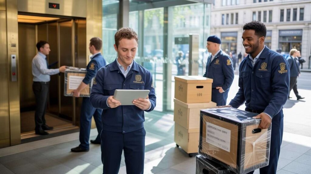 movers in navy uniforms coordinating an office relocation near a service lift in a London building lobby