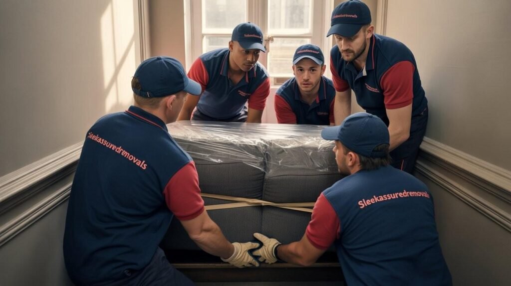 The Movers carry a wrapped sofa down a narrow London stairwell using straps for safe control
