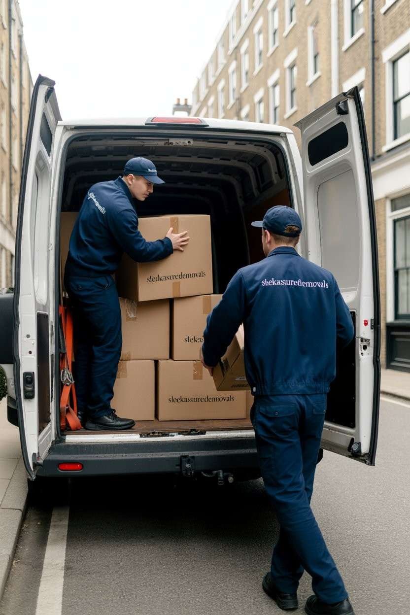 Two movers in sleekassuredremovals uniform loading moving boxes