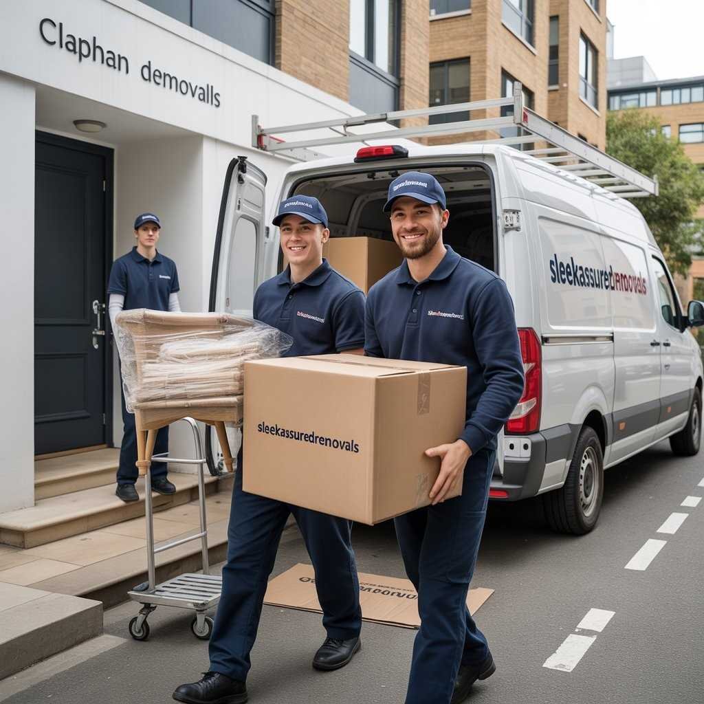 Branded sleekassuredremovals movers loading boxes into a van in Clapham