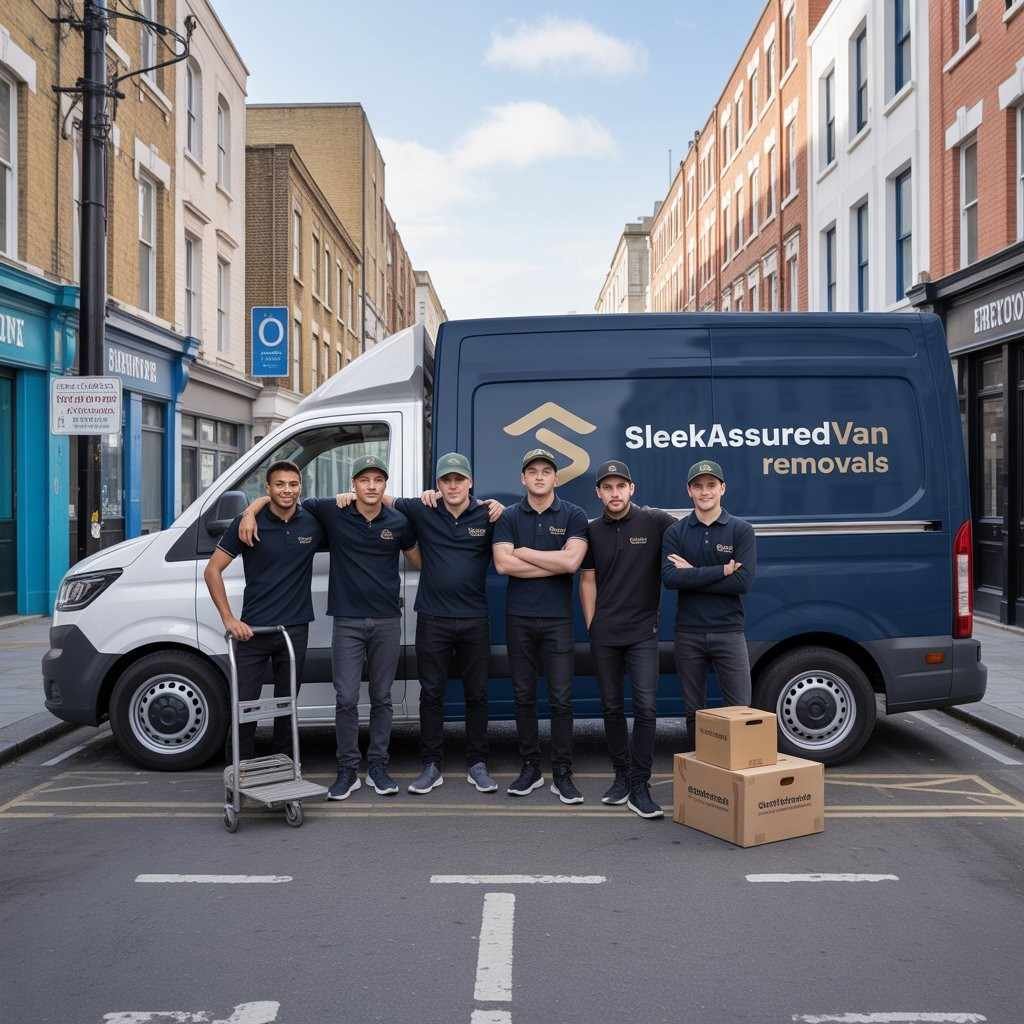 sleekassuredremovals man and van team with branded van on a Brixton street