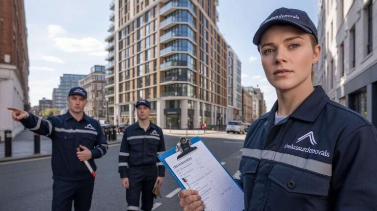 sleekassuredremovals safety team outside a London high-rise building assessing building safety risks