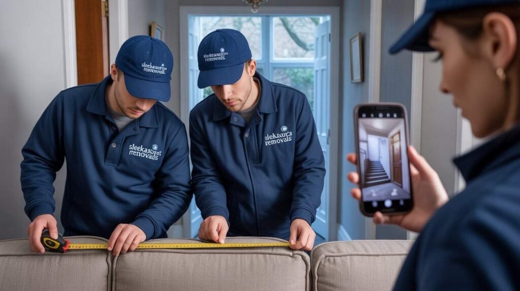 Mover measures a sofa in a London flat while the customer shows access photos on a phone