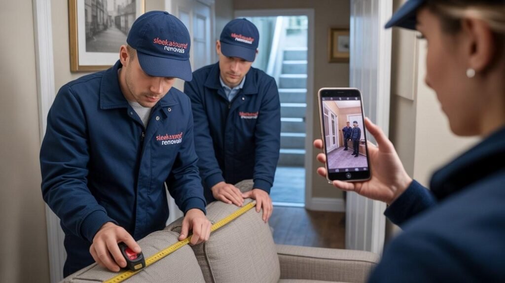 movers measuring furniture to confirm the right van size for a London flat move