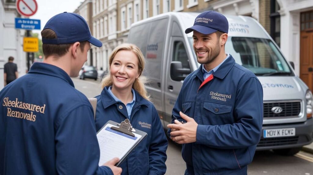 Mover from explaining a transparent man and van quote to a customer in London outside a residential building