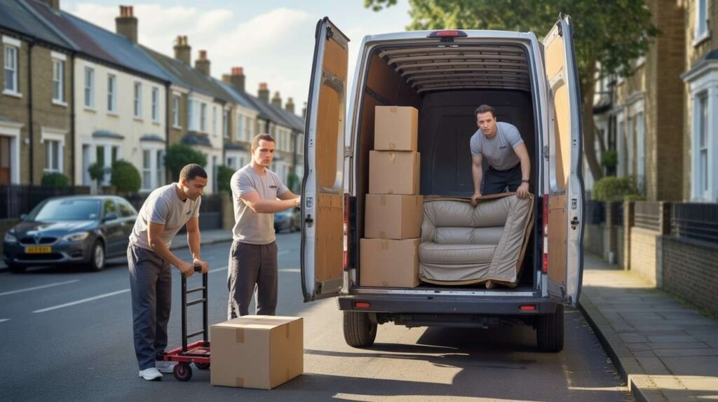 movers loading boxes and furniture into a van