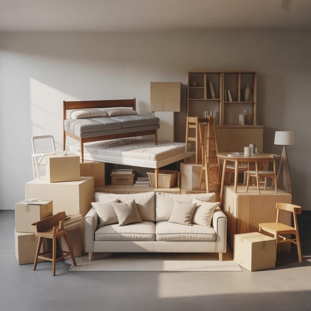 Packed moving boxes or furniture