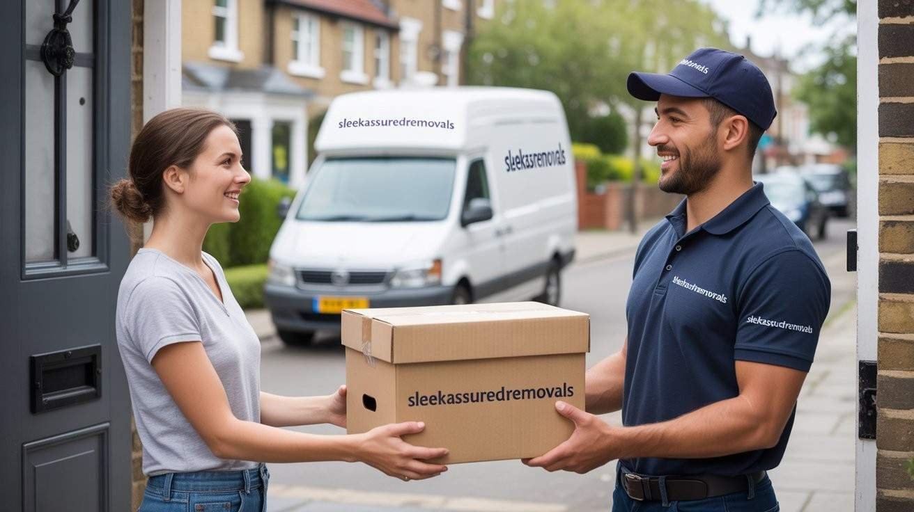 Mover handing a box to a happy customer in Peckham