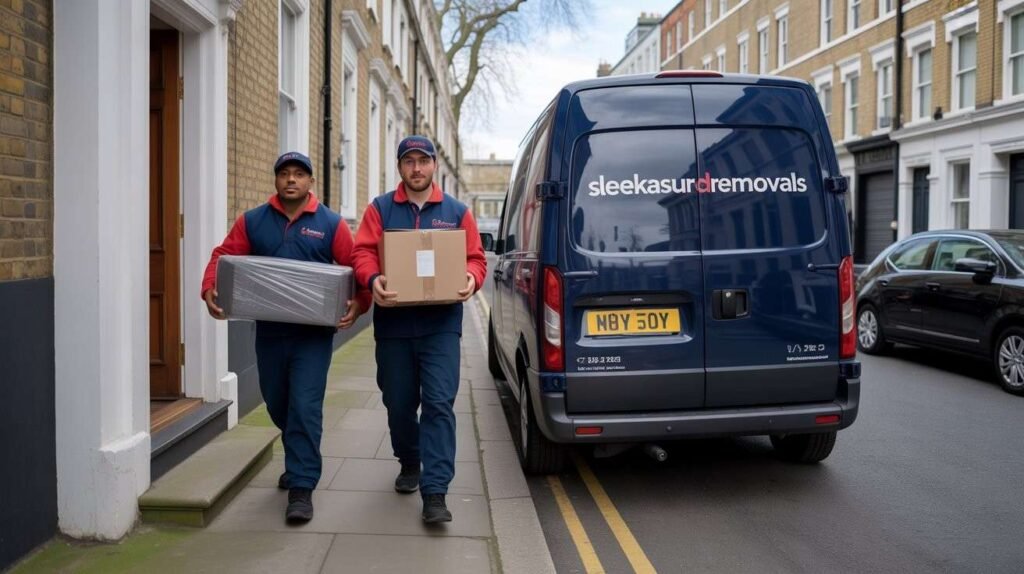 Two movers in uniform carrying boxes from a London walk-up flat to a moving van under tight parking conditions
