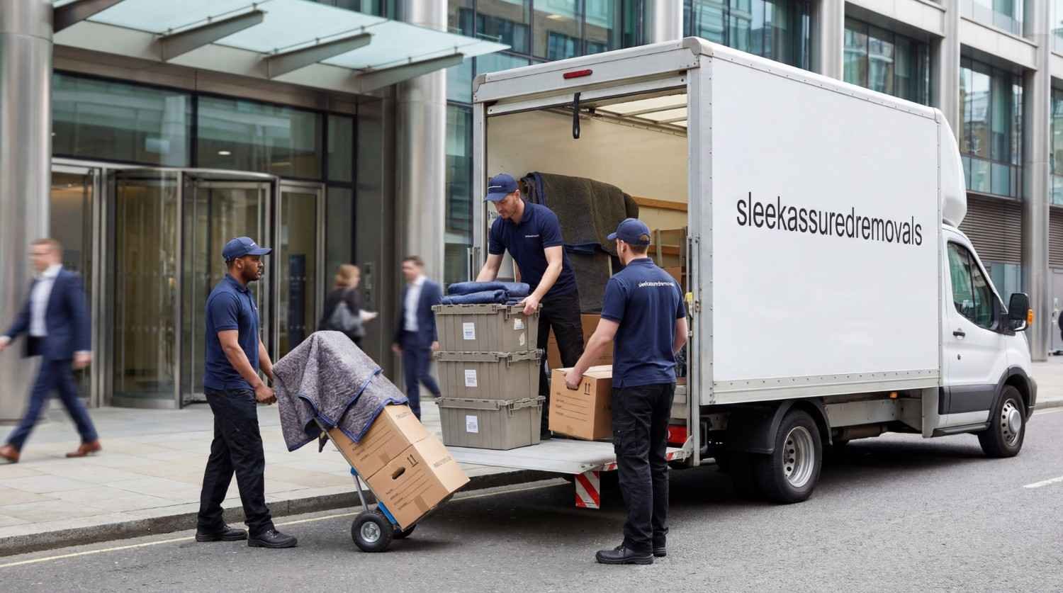 Navy uniformed sleekassuredremovals movers loading office crates into a Ford Transit van in Southwark London