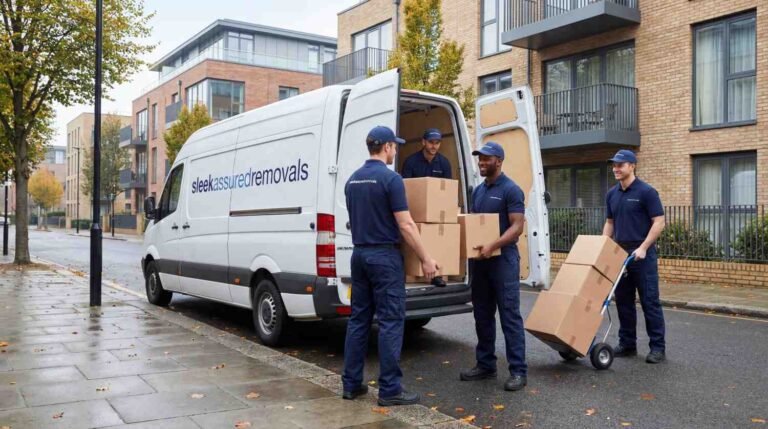 Sleekassuredremovals movers loading boxes into a branded van in London for short-term storage pickup and delivery