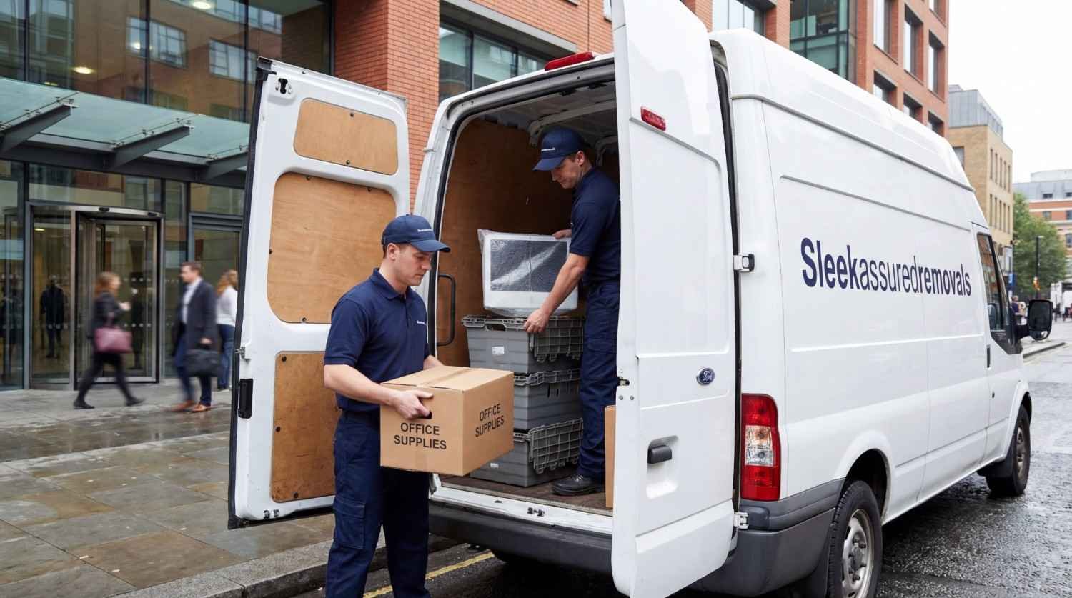 Two Sleekassuredremovals movers loading office boxes and IT equipment into a branded van in Southwark