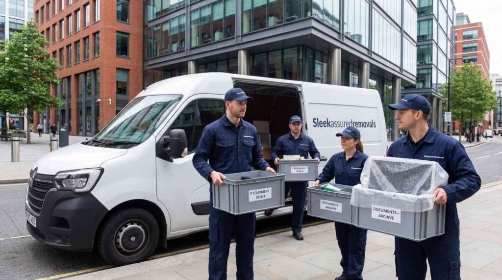 Office removals crew in navy uniforms carrying IT and crates outside a Southwark office