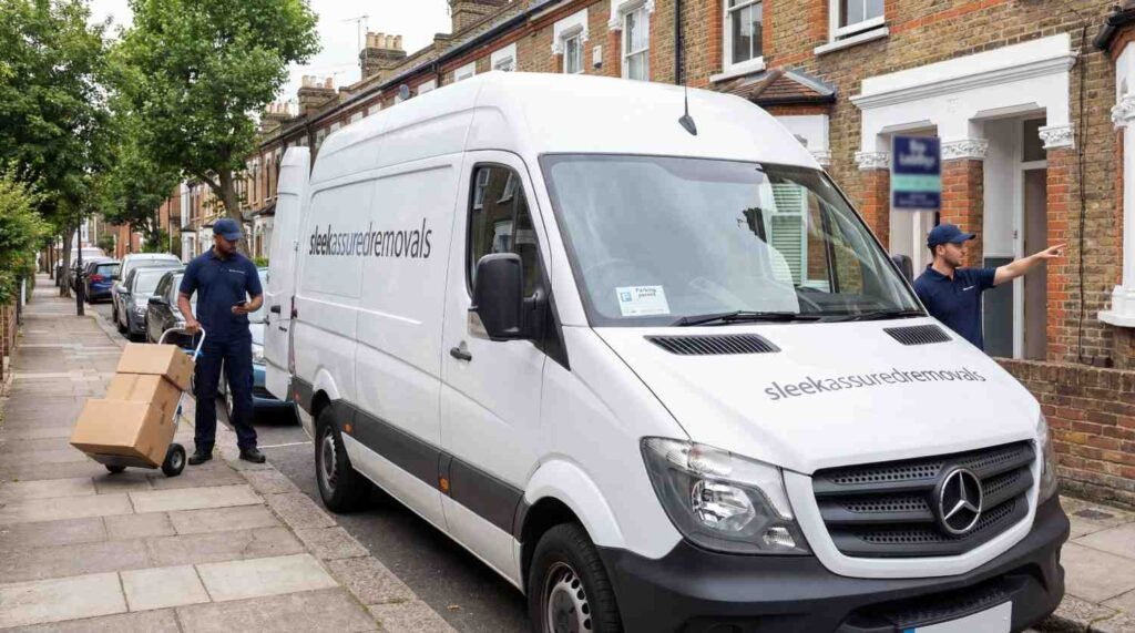 van and movers loading on a London street