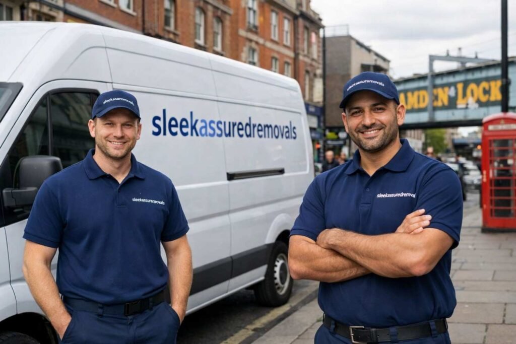 Two Sleekassuredremovals movers in navy uniforms beside a branded removal van in London United Kingdom