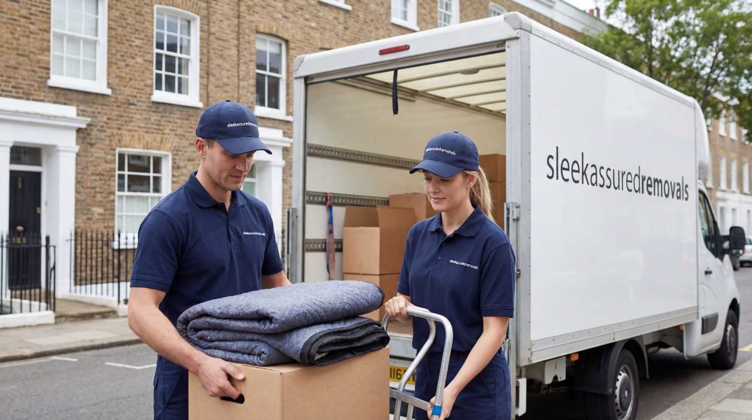 Two sleekassuredremovals movers in navy uniforms loading boxes into a branded removal van in Southwark London