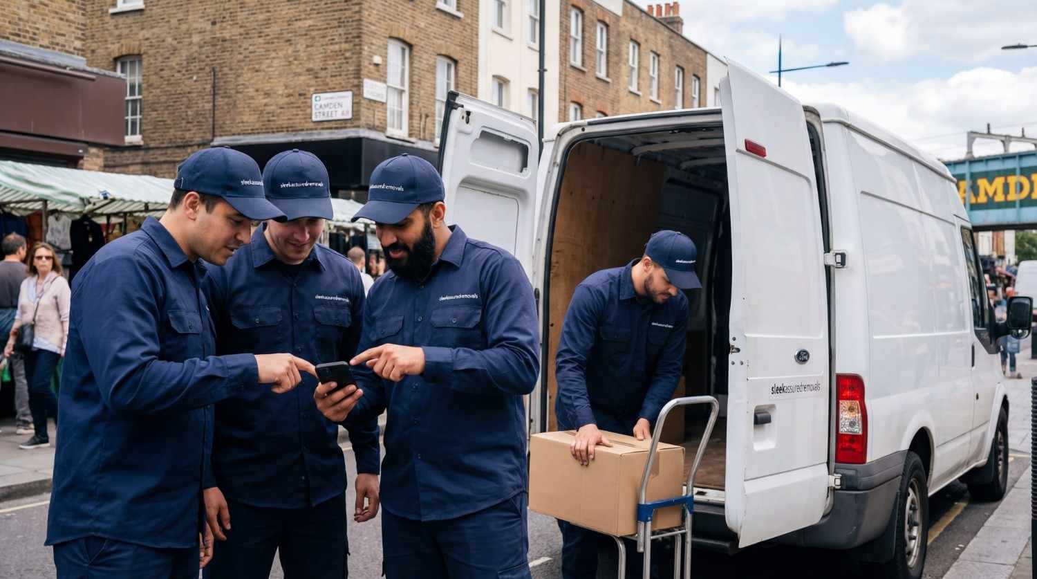 Man and van team in Southwark verifying pickup details and labelling a box beside the van