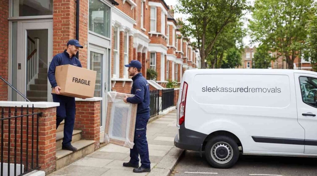 Professional movers in loading labelled fragile boxes into a removals van for a London flat move.