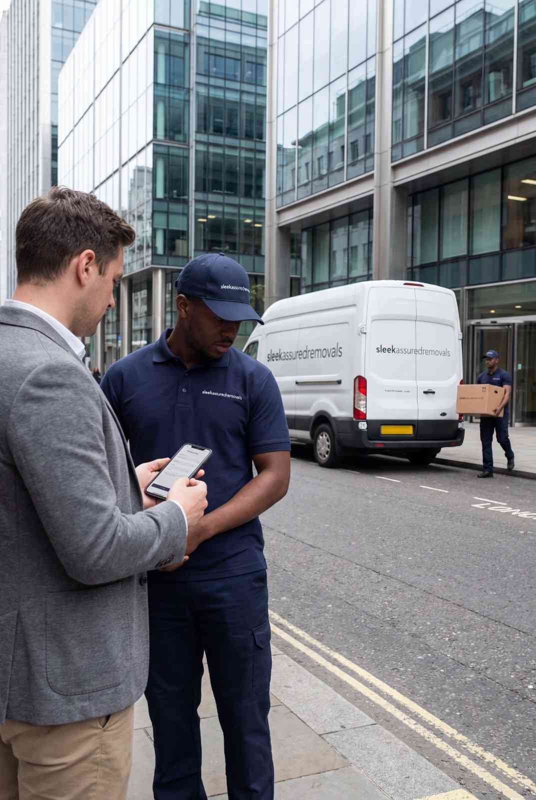 Customer requesting an office removal quote on a phone while a sleekassuredremovals mover stands beside a branded van