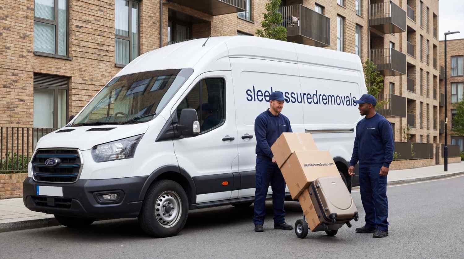 Navy uniformed sleekassuredremovals movers loading boxes into a branded removal van in Southwark London