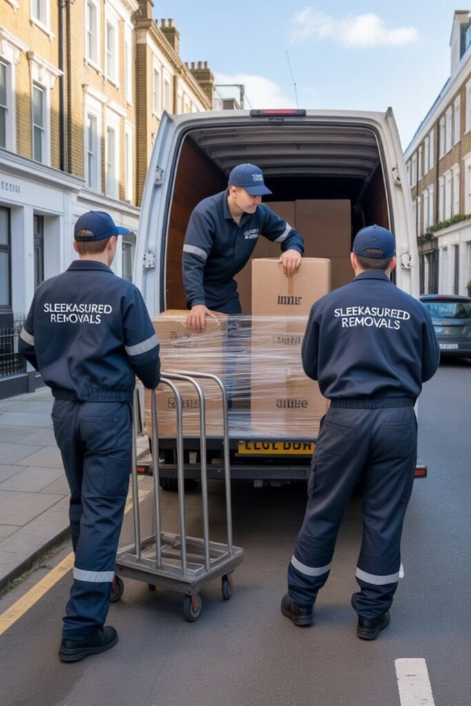 Man and van team in Fulham loading moving boxes into a van