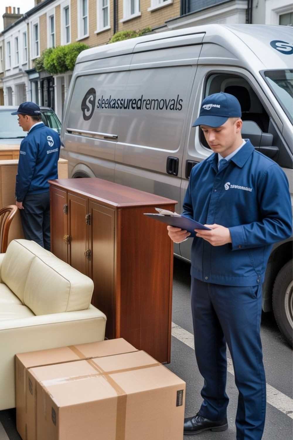 Mover with a clipboard coordinating a move while another carries items on stairs beside a van in Greenwich