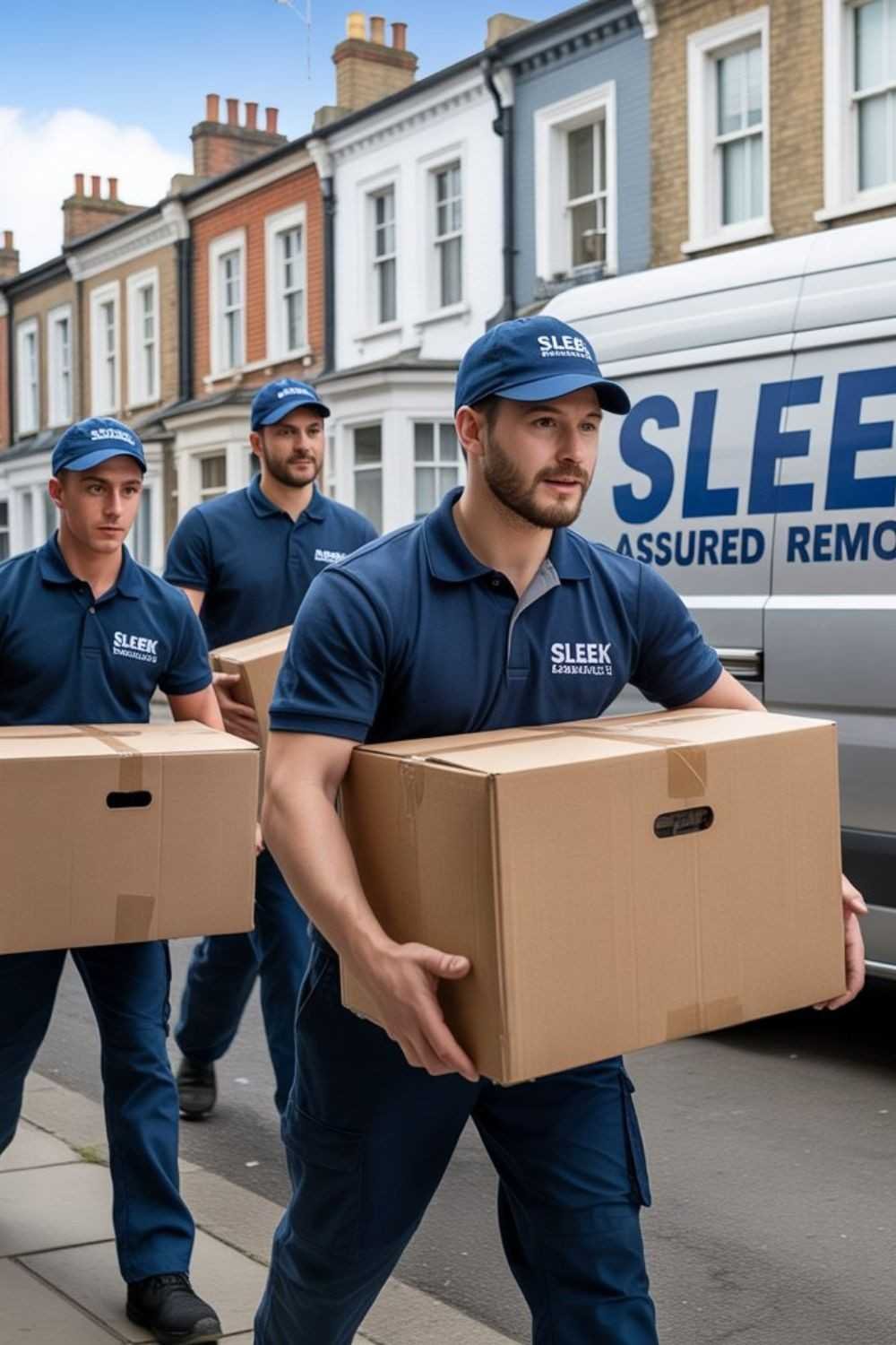 Three movers carrying moving boxes to a van
