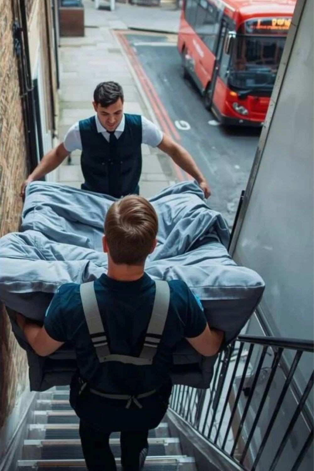 Two movers carrying a sofa down stairs to a van in South London