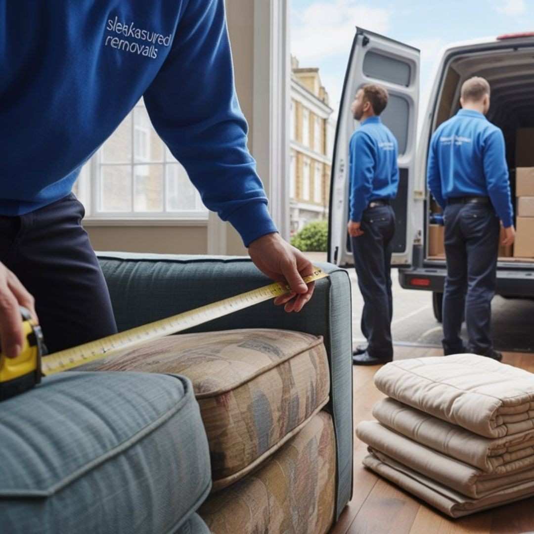 two movers outside a van in Stratford while another mover measuring sofa with straps, with moving boxes nearby