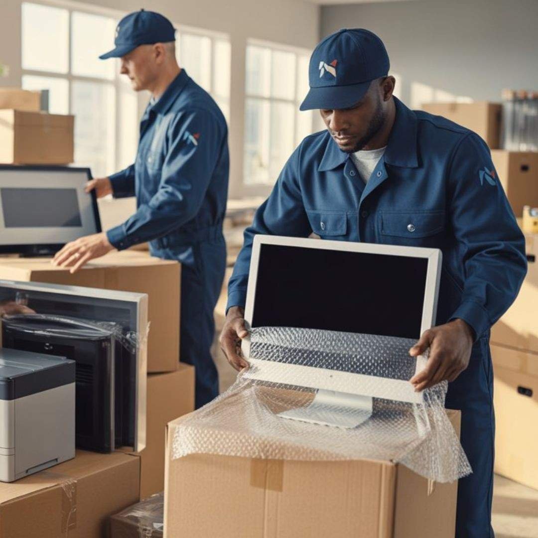 mover packing a computer monitor while another carries a PC for a safe move
