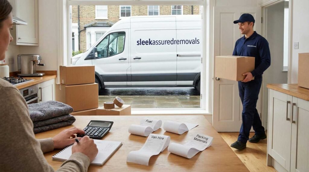 mover carrying a box while DIY moving costs are calculated in London