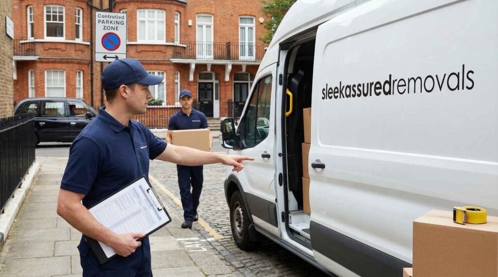 sleekassuredremovals mover with a checklist beside a branded van in London