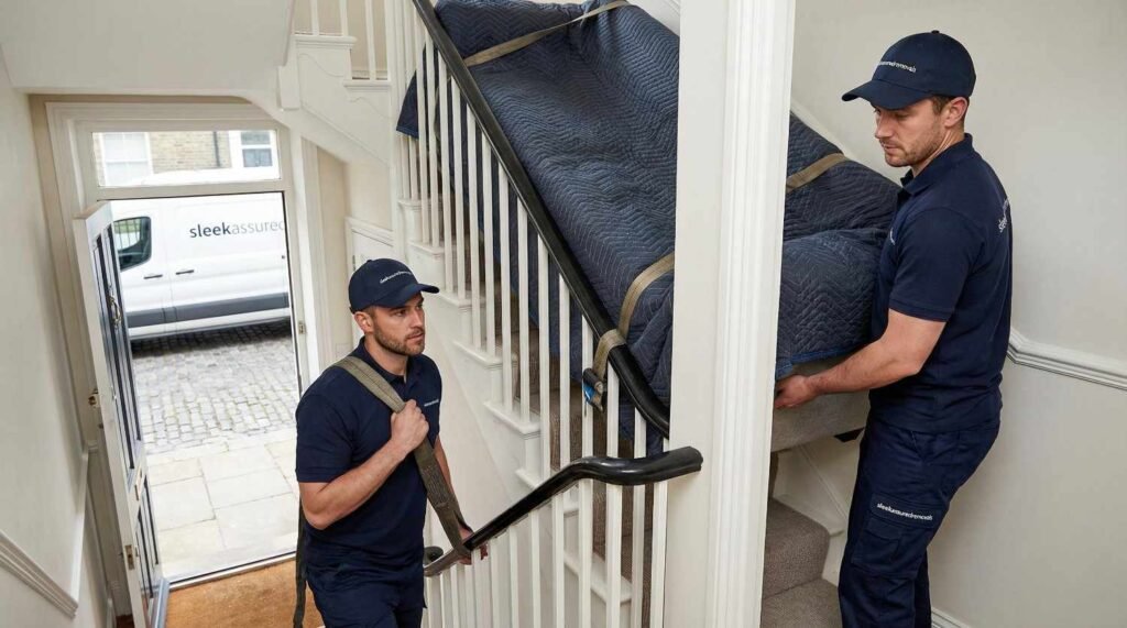 sleekassuredremovals professional movers carrying a wrapped sofa upstairs in London