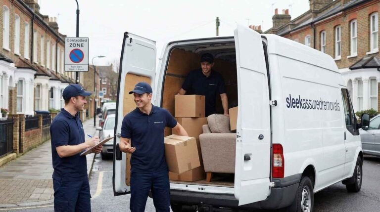 sleekassuredremovals movers loading boxes into a branded van in London for a home move