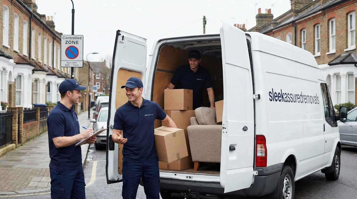 sleekassuredremovals movers loading boxes into a branded van in London for a home move