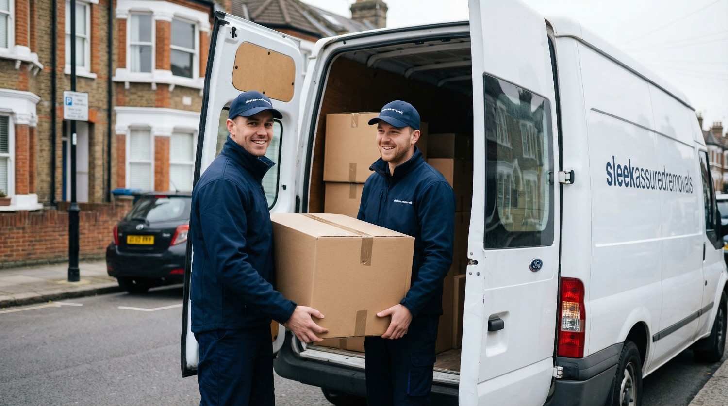 Two sleekassuredremovals movers loading boxes into a removal van in London