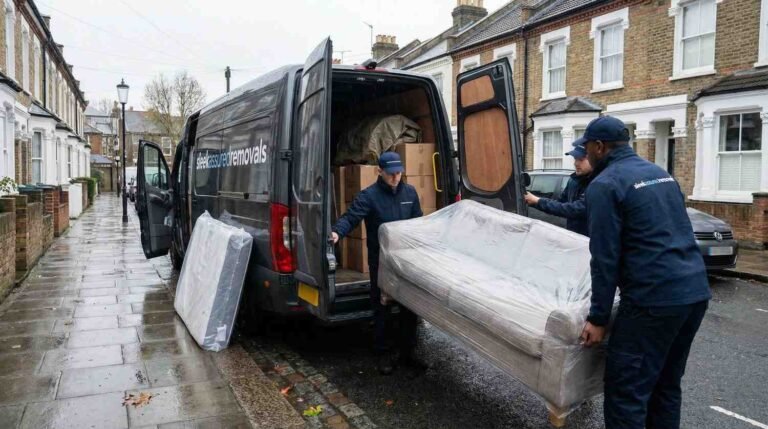 sleekassuredremovals team loading a van on a rainy London moving day