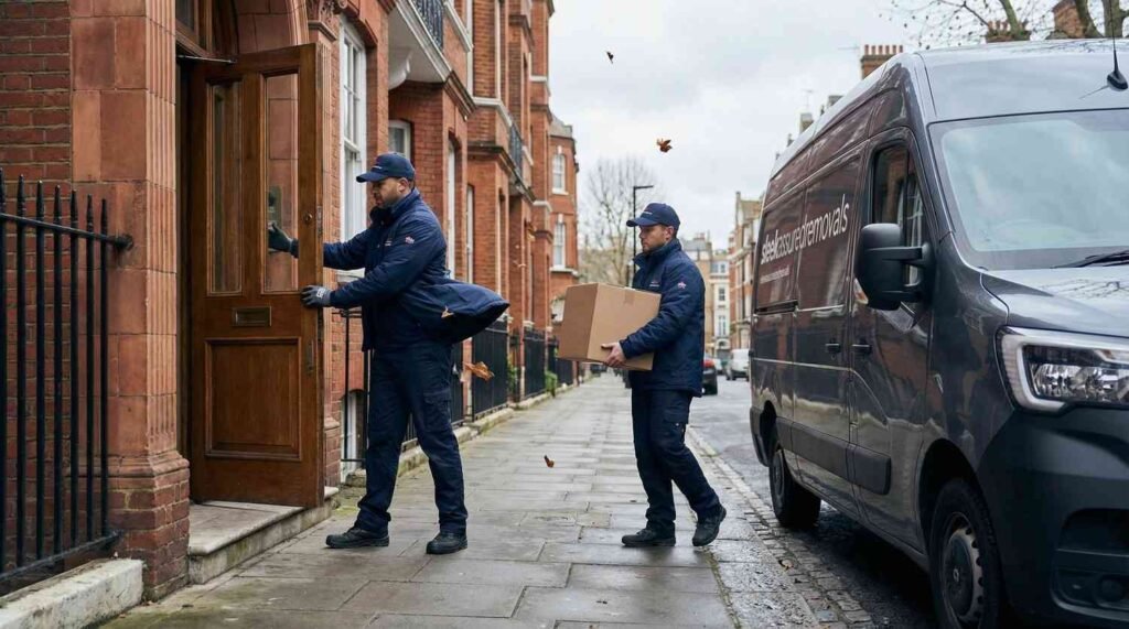 mover team holding a door safely during windy London move