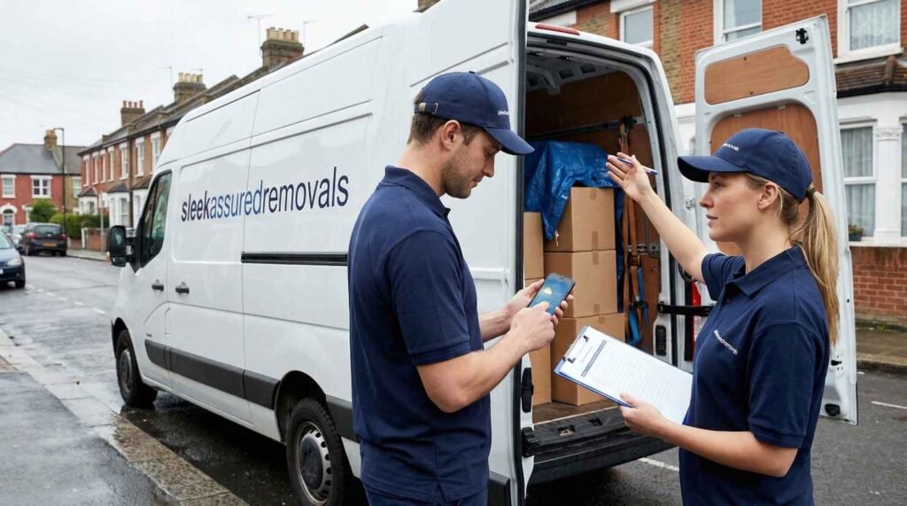 Our mover checking an hourly forecast before a London move