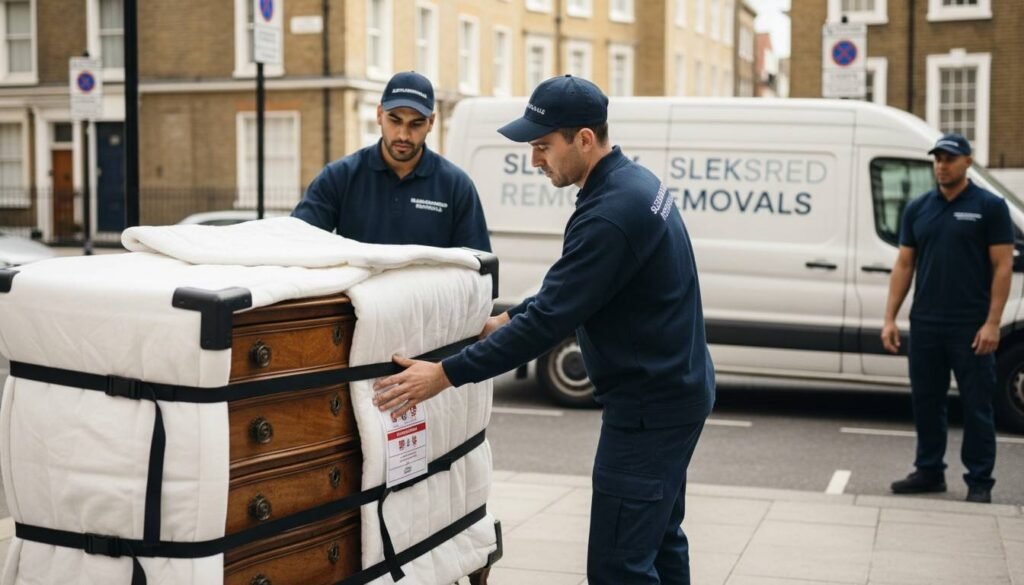 movers add corner protectors and proper wrapping for antique furniture beside a branded van in London