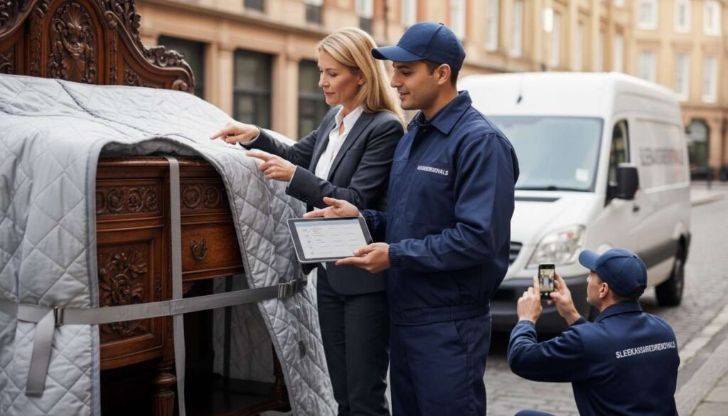 mover in navy uniform reviews antique moving insurance checklist with a customer beside a wrapped antique in London